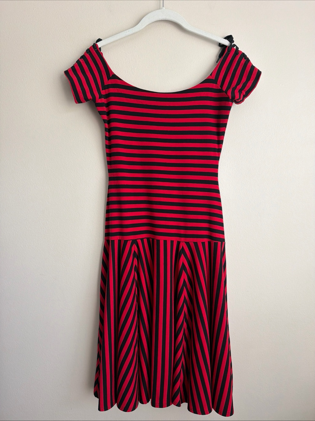 Vintage Betsey Johnson 1990's Striped Fit & Flare Dress Shoelace Tie Black/Red S